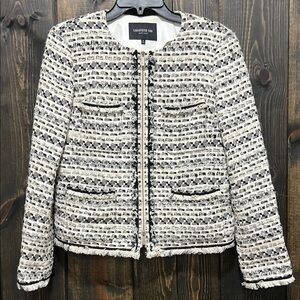 Lafayette 148 Benji‎ Tweed Jacket 6 2-way Zip Alpaca Wool Cream Black Boho Chic